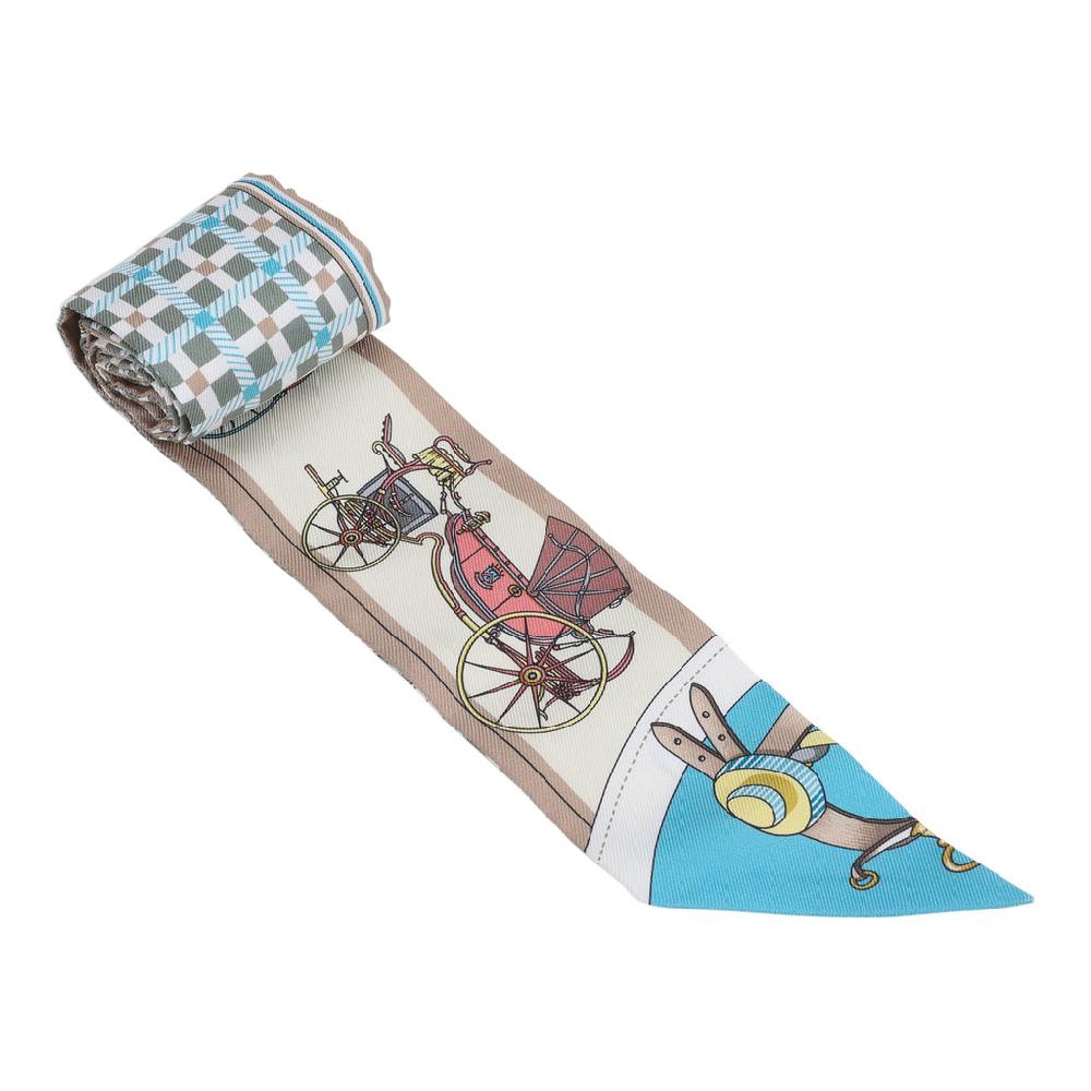 Hermes "Les Voitures Nouvelle" Vert Amande Bleu Glacier And Beige Silk Twilly