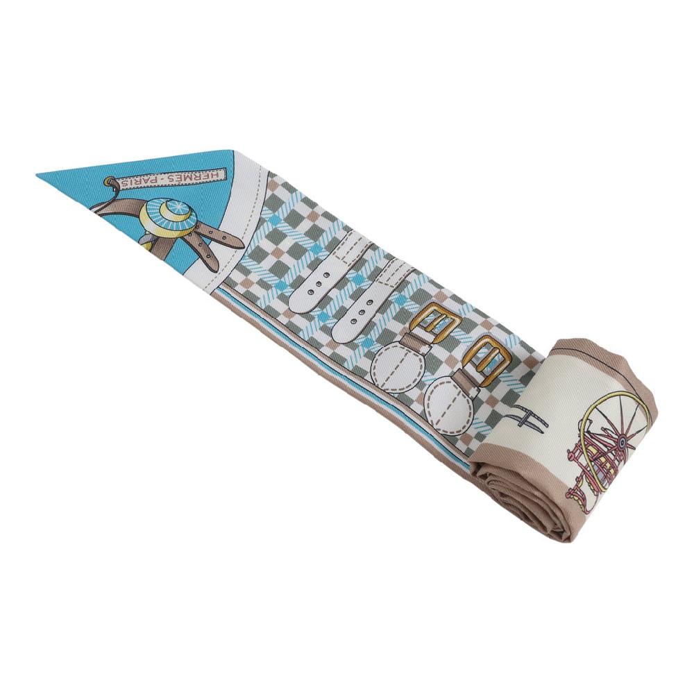Hermes "Les Voitures Nouvelle" Vert Amande Bleu Glacier And Beige Silk Twilly