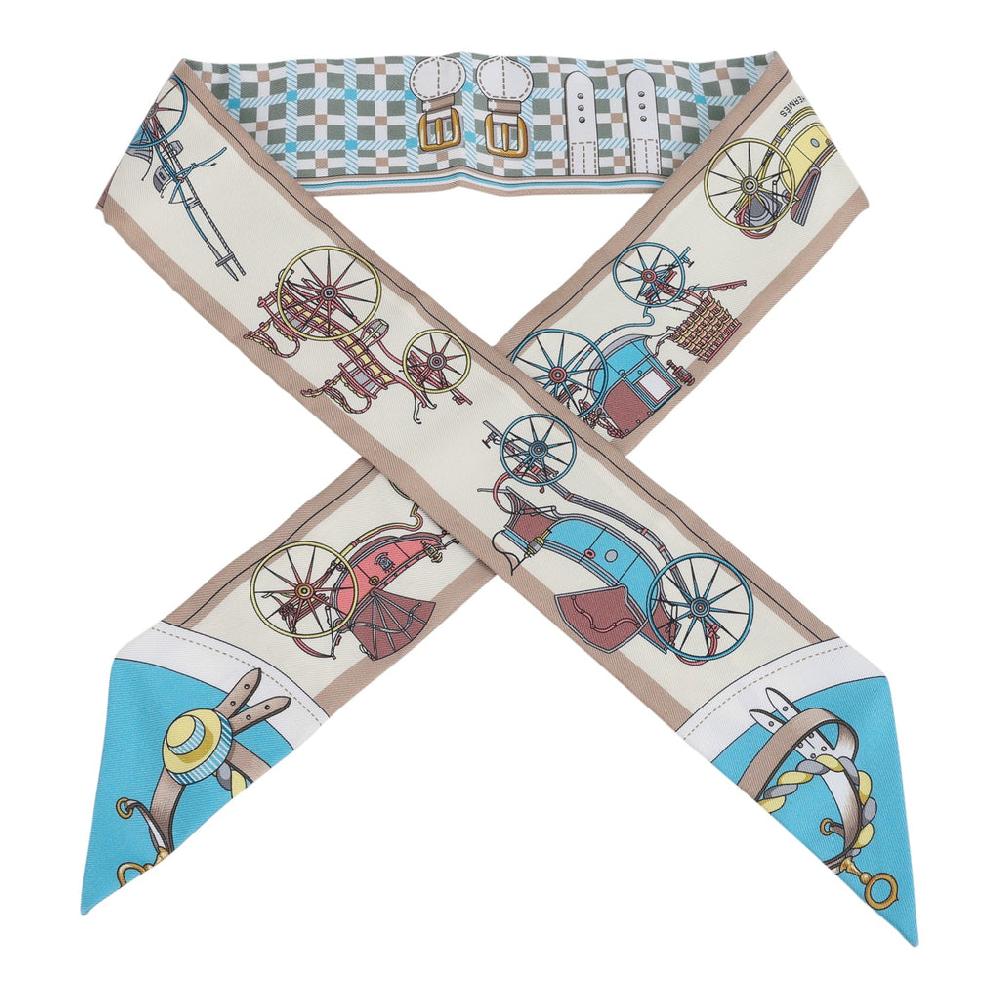 Hermes "Les Voitures Nouvelle" Vert Amande Bleu Glacier and Beige Silk Twilly