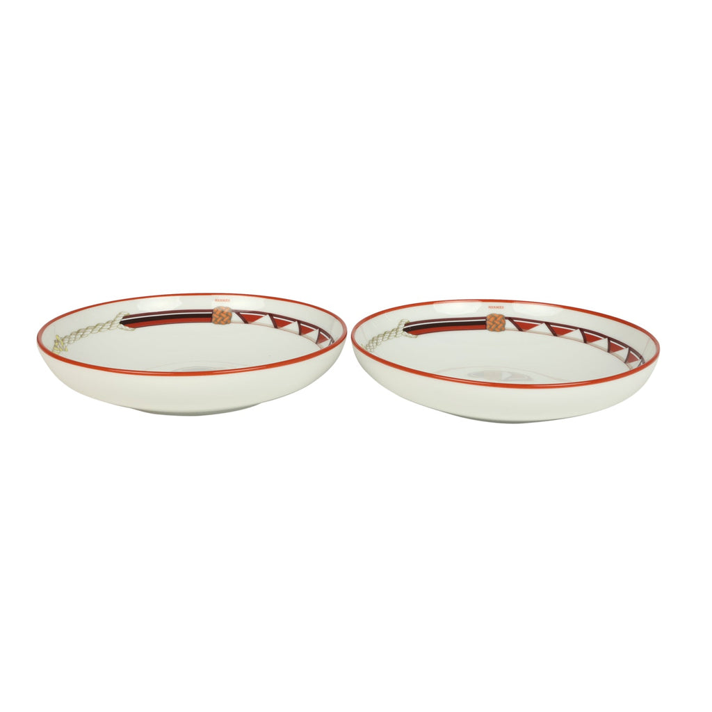 Hermes Medium "Tressages Equestres" Orange White And Blue Porcelain Hollow Plate Set Of 2