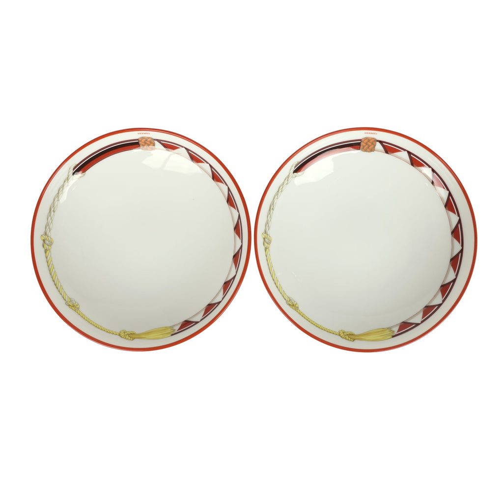Hermes Medium "Tressages Equestres" Orange White and Blue Porcelain Hollow Plate Set of 2
