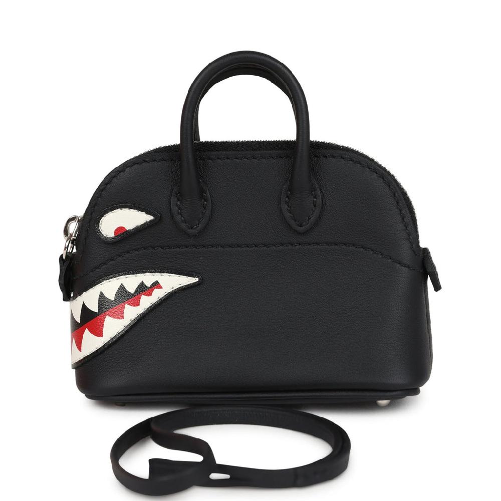 Hermes Mini Bolide Shark Bag Charm Black and White Swift Palladium Hardware Hermes Mini Bolide Shark Bag Charm Black and White Swift Palladium Hardware
