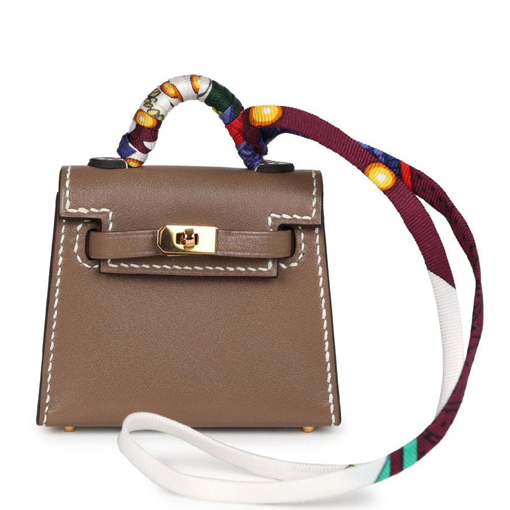 Hermes Mini Kelly Twilly Bag Charm Etoupe Tadelakt Gold Hardware Hermes Mini Kelly Twilly Bag Charm Etoupe Tadelakt Gold Hardware