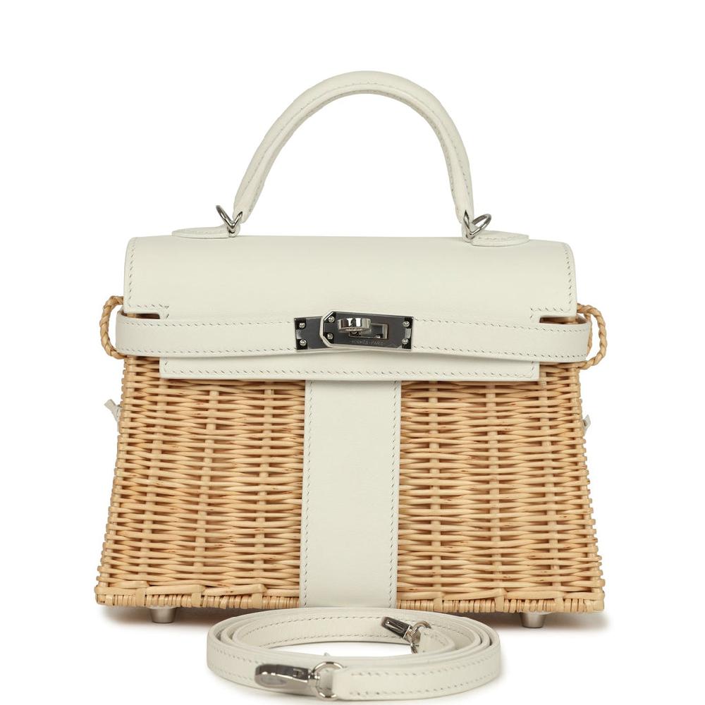 Hermes Mini Picnic Kelly 20 White Swift and Osier Wicker Palladium Hardware Hermes Mini Picnic Kelly 20 White Swift and Osier Wicker Palladium Hardware