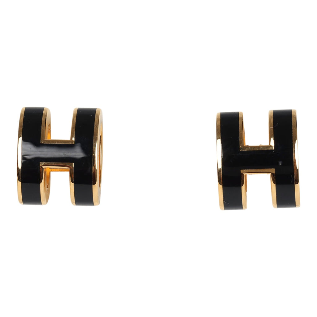 Hermes Mini Pop H Earrings Black Enamel Yellow Gold Hardware