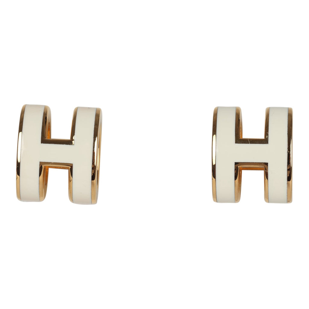 Hermes Mini Pop H Earrings White Enamel Yellow Gold Hardware