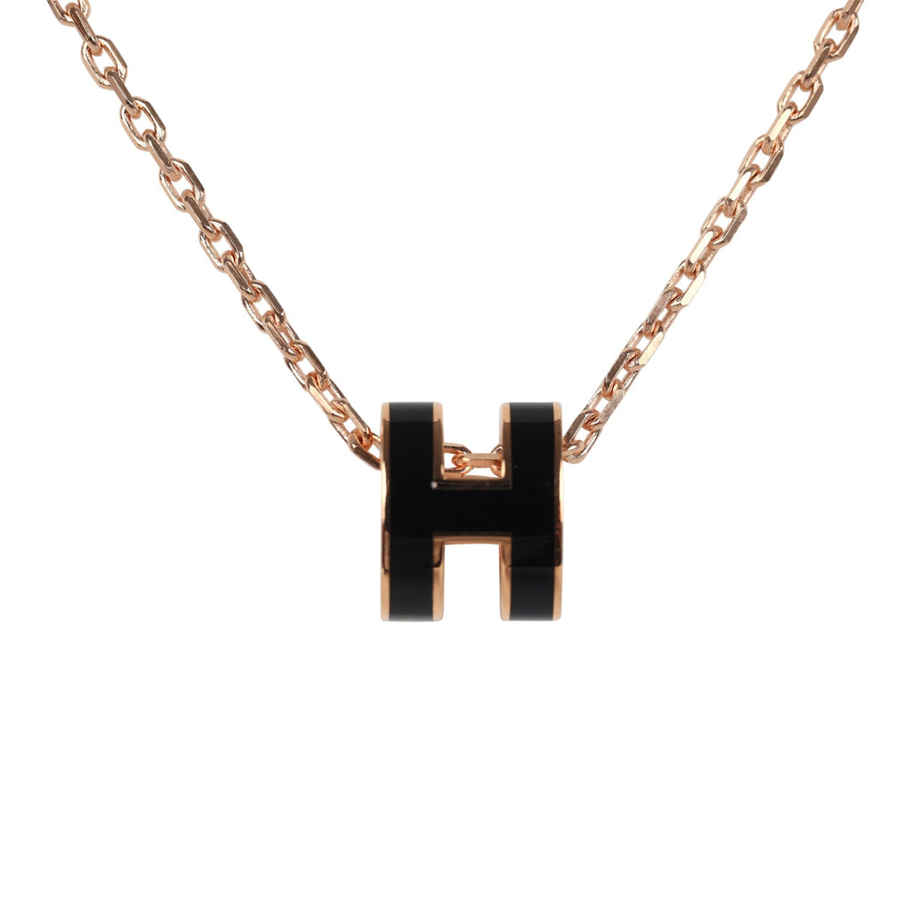 Hermes Mini Pop H Pendant Necklace Black Enamel Lacquered Rose Gold Hardware