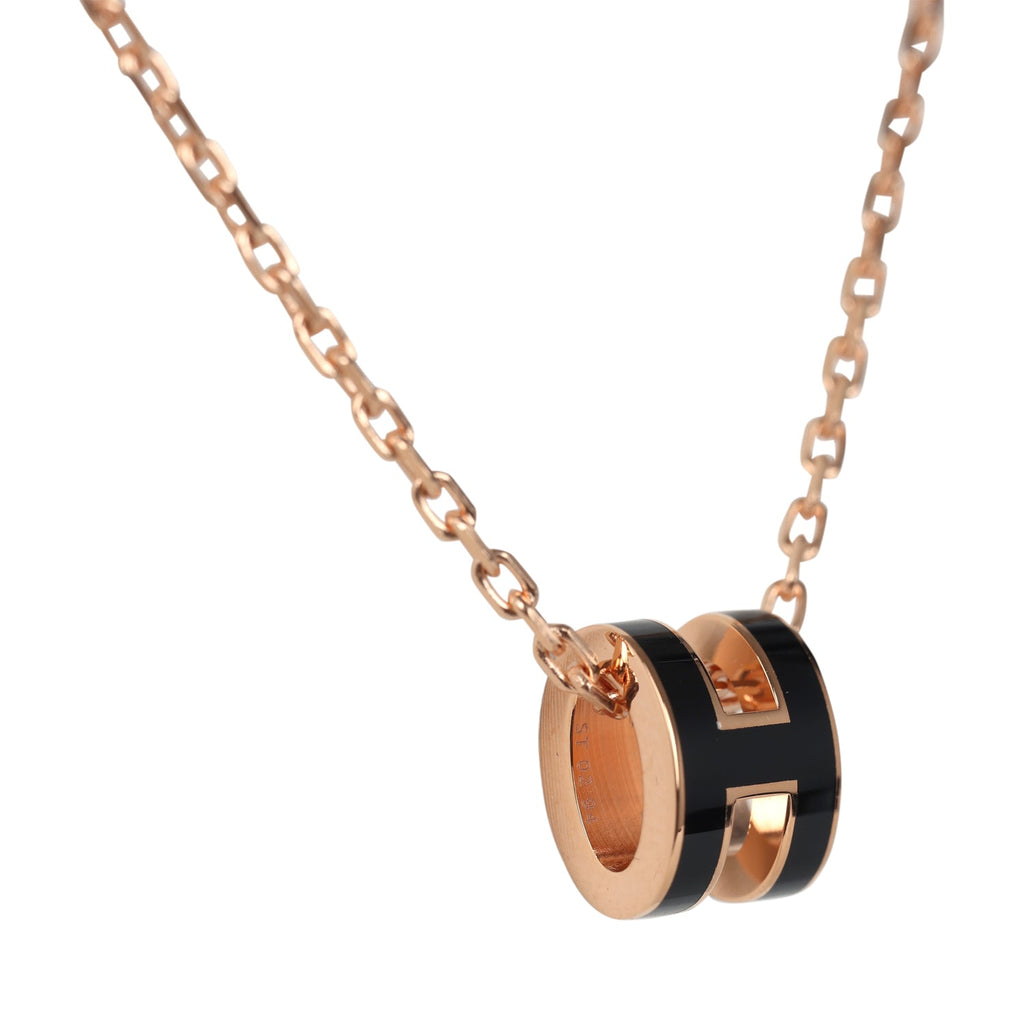Hermes Mini Pop H Pendant Necklace Black Enamel Lacquered Rose Gold Hardware