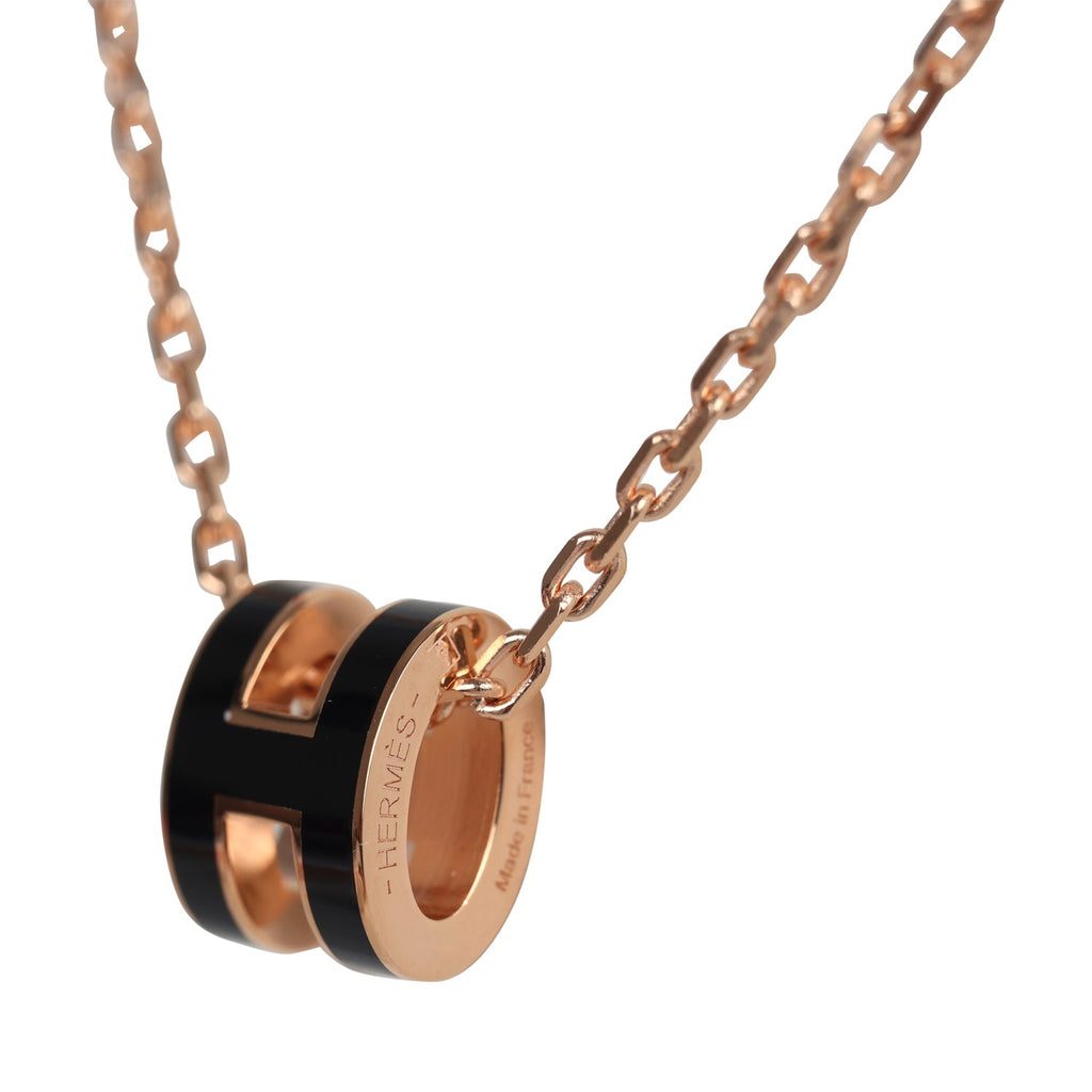 Hermes Mini Pop H Pendant Necklace Black Enamel Lacquered Rose Gold Hardware