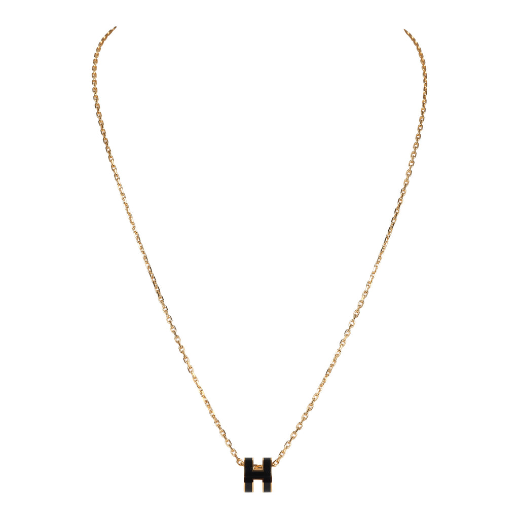 Hermes Mini Pop H Pendant Necklace Black Enamel Lacquered Yellow Gold Hardware