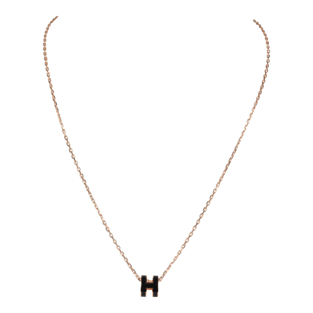 Hermes Mini Pop H Pendant Necklace Black Enamel Lacquered Rose Gold Hardware