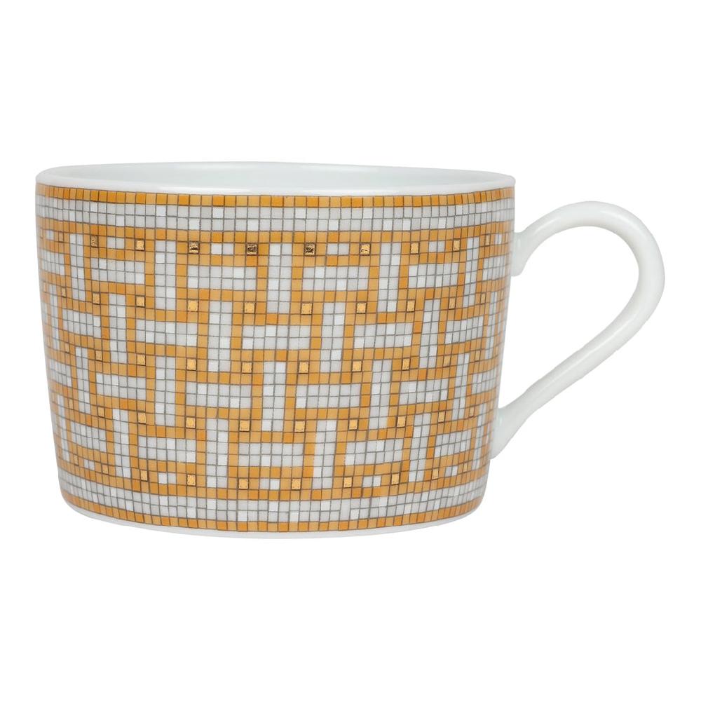 Hermes "Mosaique Au 24" White & Gold Porcelain Tea Cup And Saucer Set