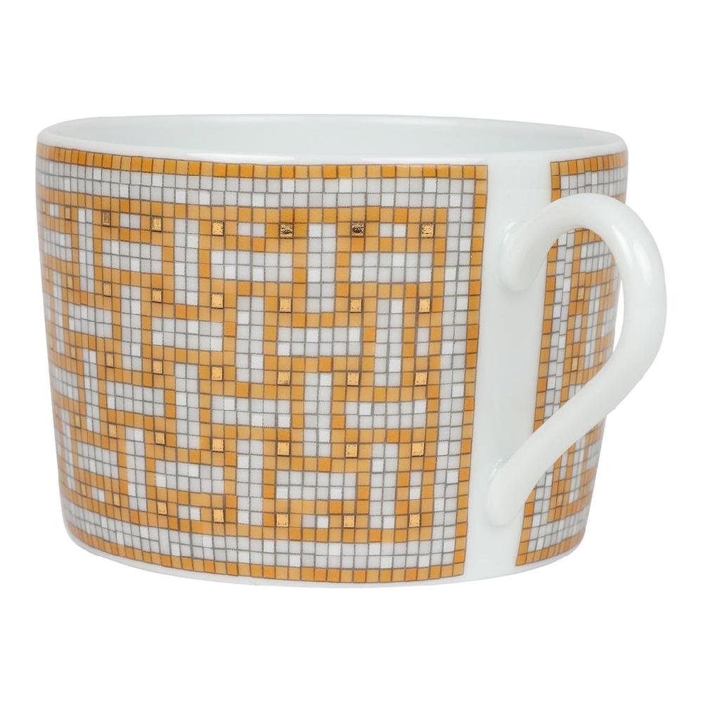 Hermes "Mosaique Au 24" White & Gold Porcelain Tea Cup And Saucer Set