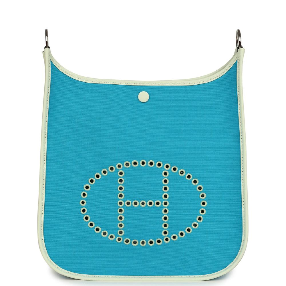 Hermes Neo Evelyne PM Bleu Azteque Officier Canvas and Vert Fizz Swift Palladium Hardware