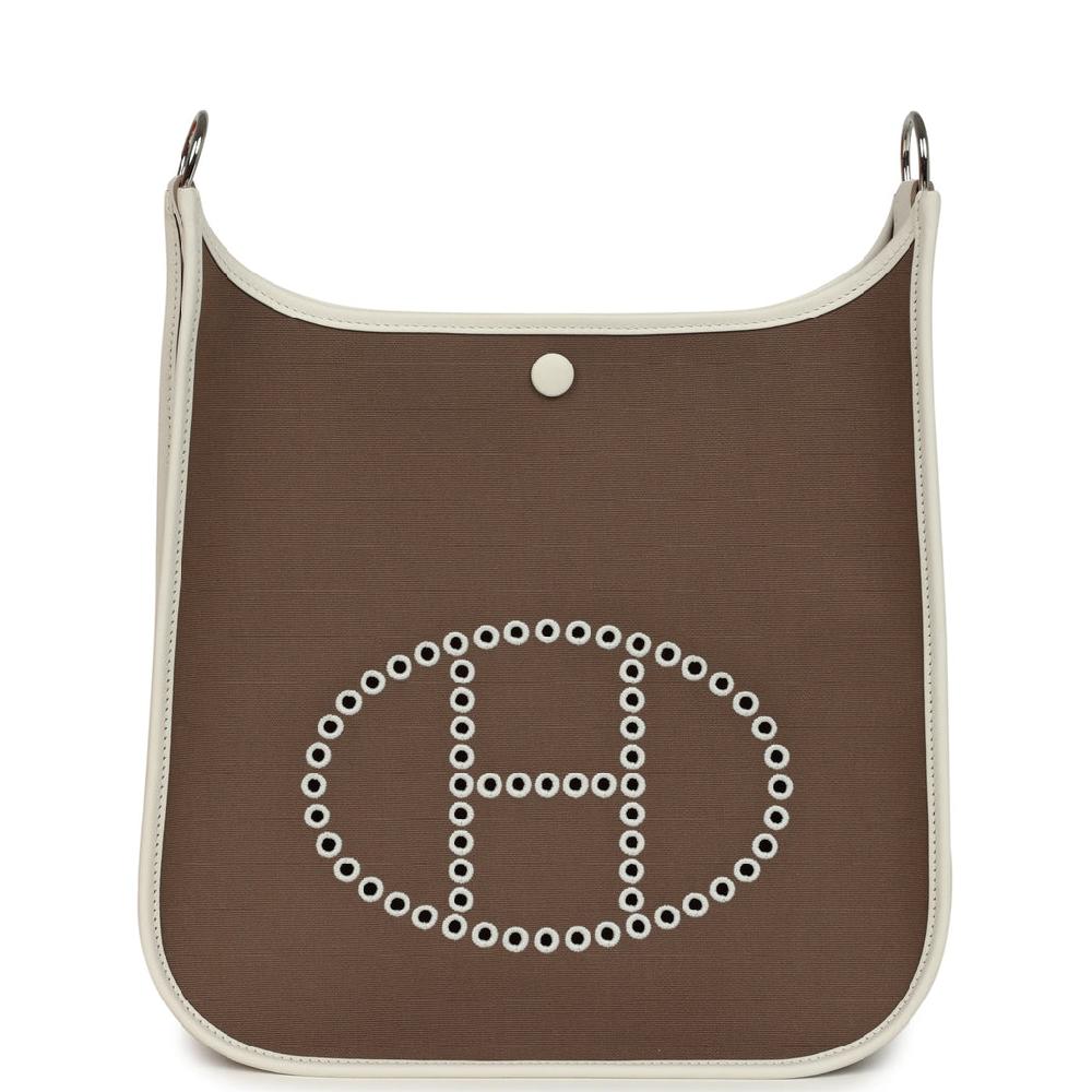 Hermes Neo Evelyne PM Etoupe Officier Canvas and Gris Pale Swift Palladium Hardware