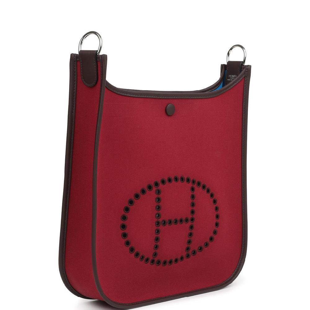 Hermes Neo Evelyne PM Rubis Officier Canvas And Rouge Sellier Swift Palladium Hardware