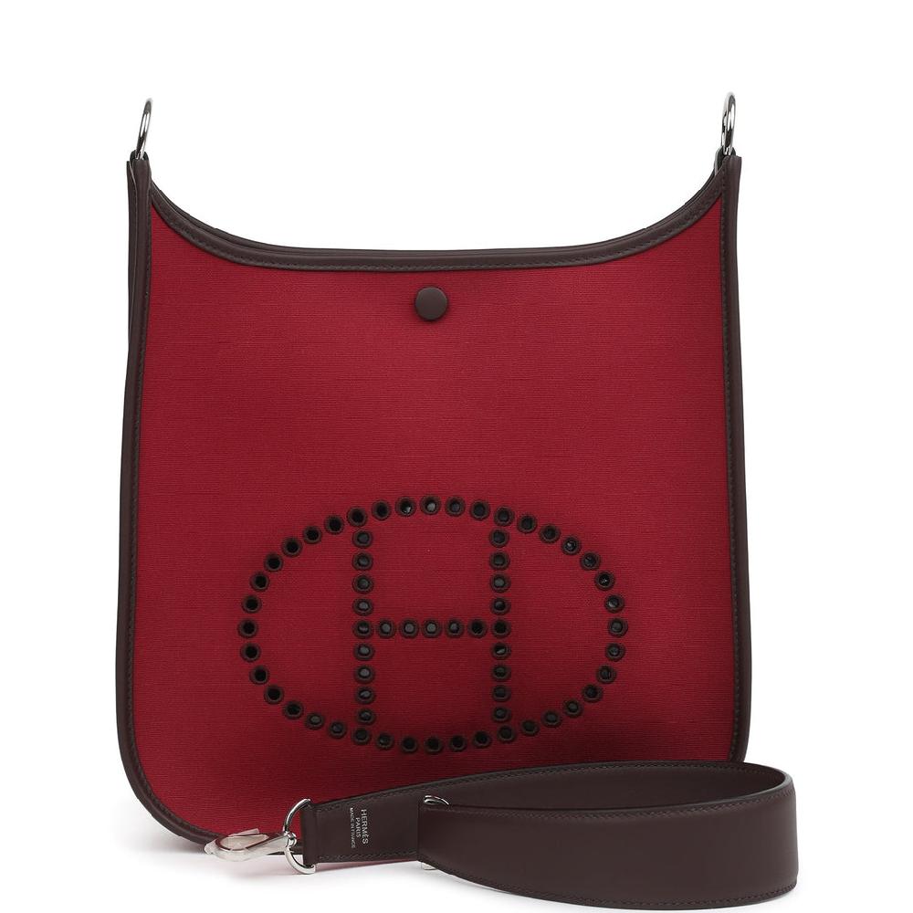 Hermes Neo Evelyne PM Rubis Officier Canvas and Rouge Sellier Swift Palladium Hardware