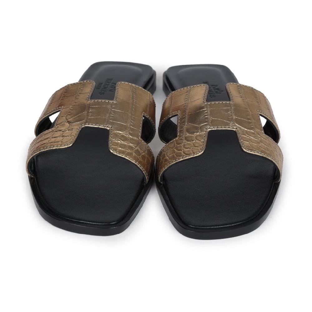 Hermes Oran Sandals Dore Fonce Matte Alligator 37 EU