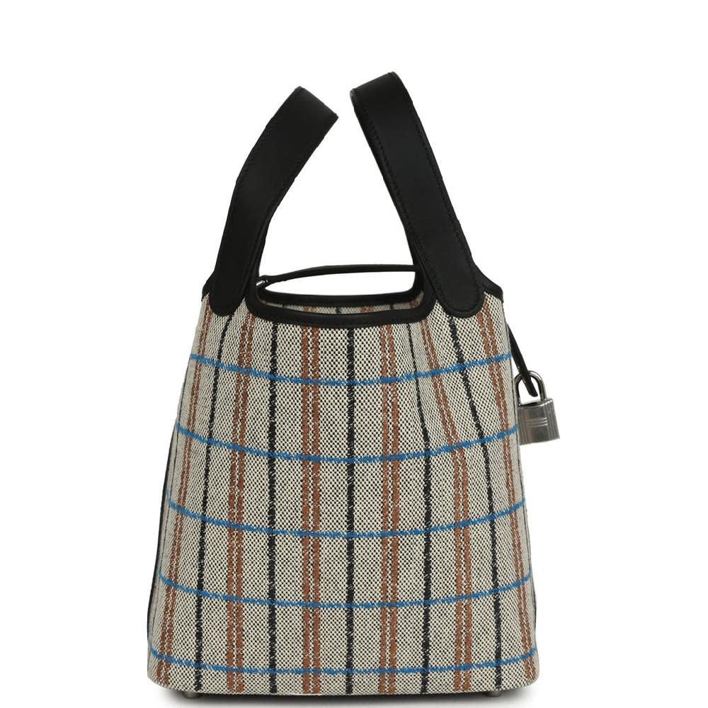Hermes Picotin Lock 18 Black Swift And Ecru Bleu Black And Fauve Toile H Canvas Palladium Hardware
