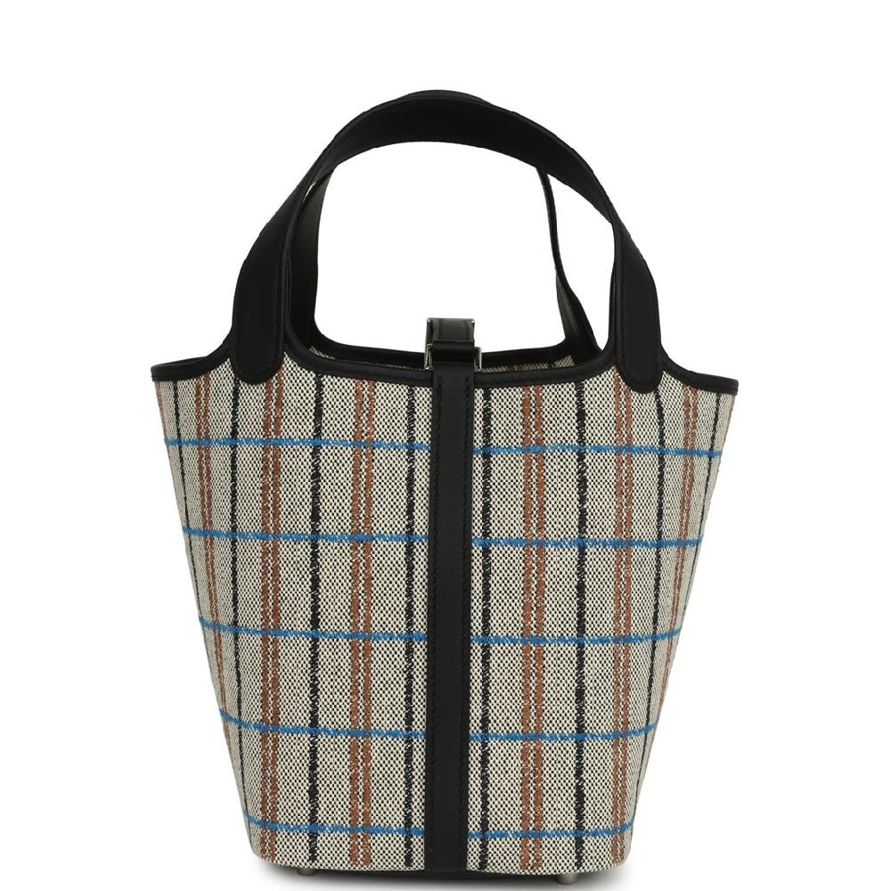 Hermes Picotin Lock 18 Black Swift And Ecru Bleu Black And Fauve Toile H Canvas Palladium Hardware