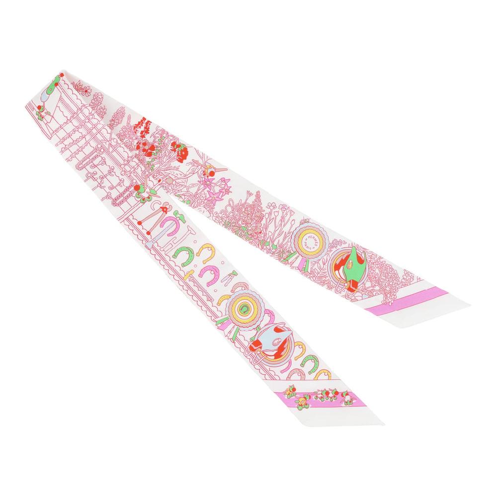 Hermes "Pony Pit Stop" Blanc Rose And Multi Silk Twilly Pair