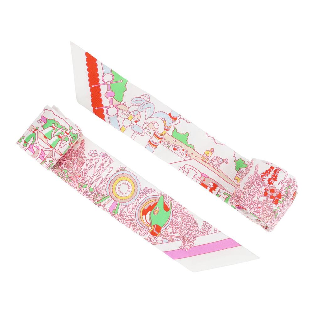 Hermes "Pony Pit Stop" Blanc Rose And Multi Silk Twilly Pair