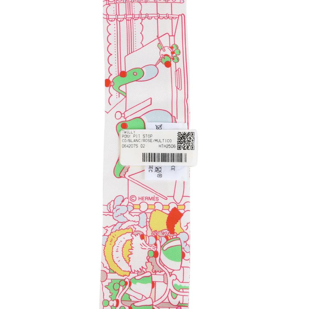 Hermes "Pony Pit Stop" Blanc Rose And Multi Silk Twilly Pair