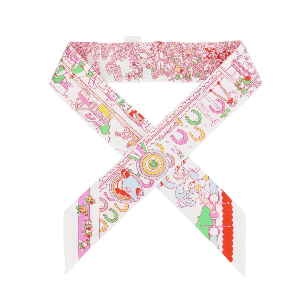 Hermes "Pony Pit Stop" Blanc Rose and Multi Silk Twilly Pair