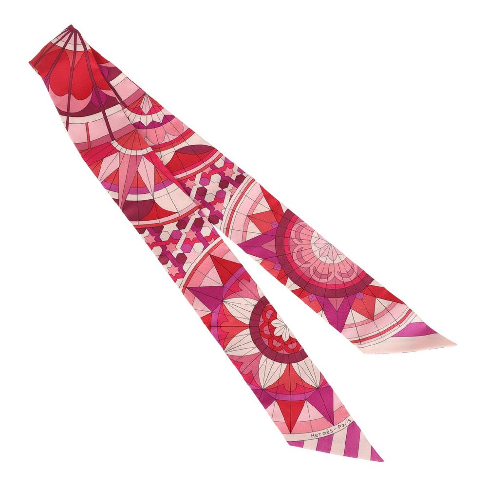 Hermes "Rose De Compas" Fuchsia Prune And Rouge Multi Silk Twilly Pair