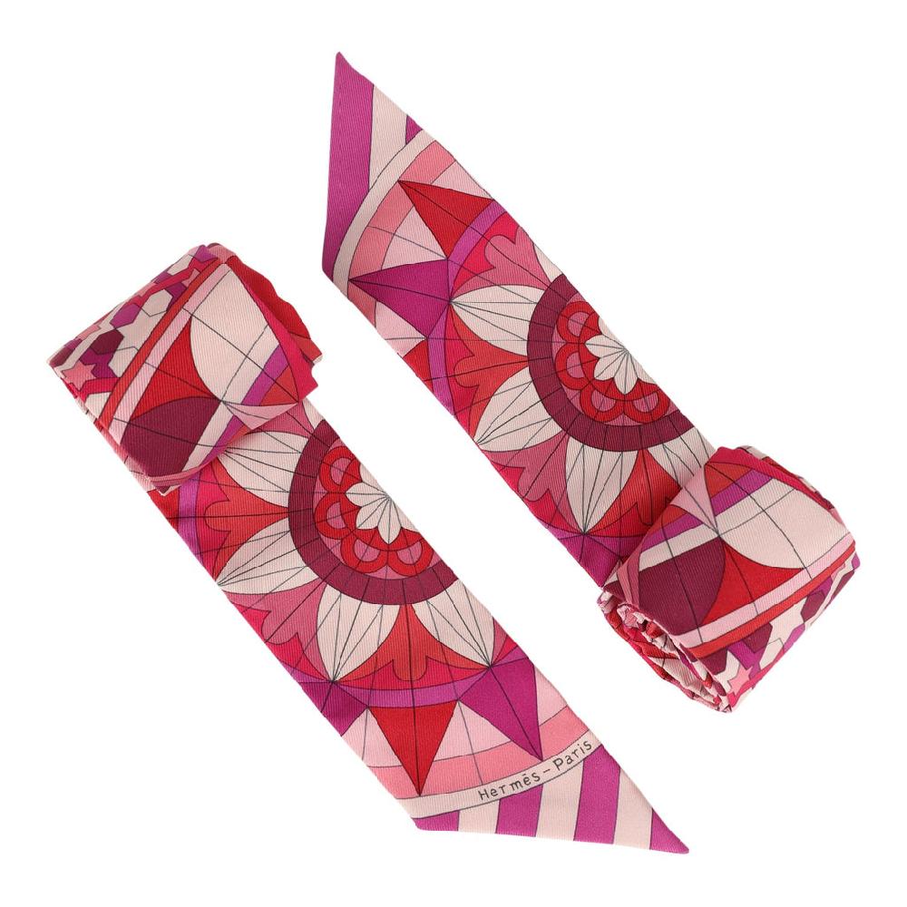 Hermes "Rose De Compas" Fuchsia Prune And Rouge Multi Silk Twilly Pair