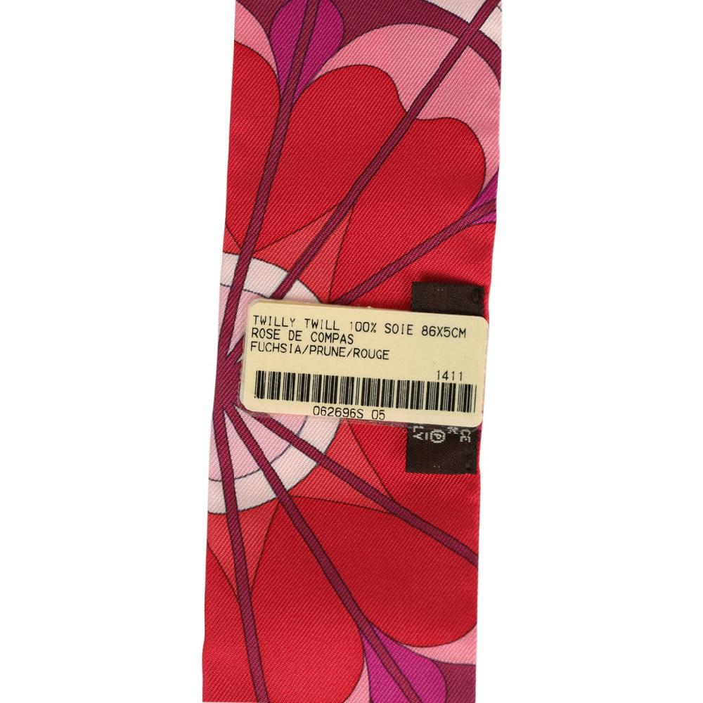 Hermes "Rose De Compas" Fuchsia Prune And Rouge Multi Silk Twilly Pair