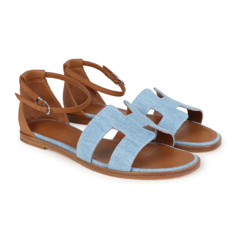 Hermes Santorini Sandals Bleu Clair And Naturel Denim Palladium Hardware 38 EU
