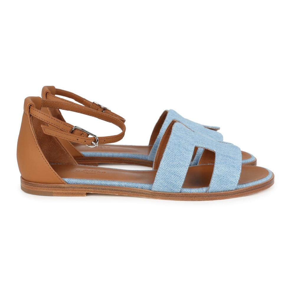 Hermes Santorini Sandals Bleu Clair And Naturel Denim Palladium Hardware 38 EU