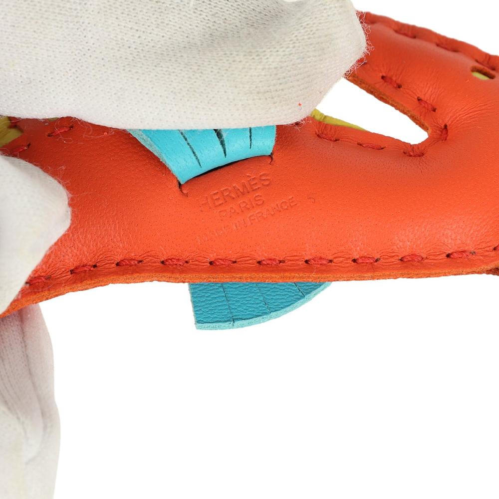 Hermes Seahorse Bag Charm Orange Poppy Lime & Bleu Aztec Milo Lambskin