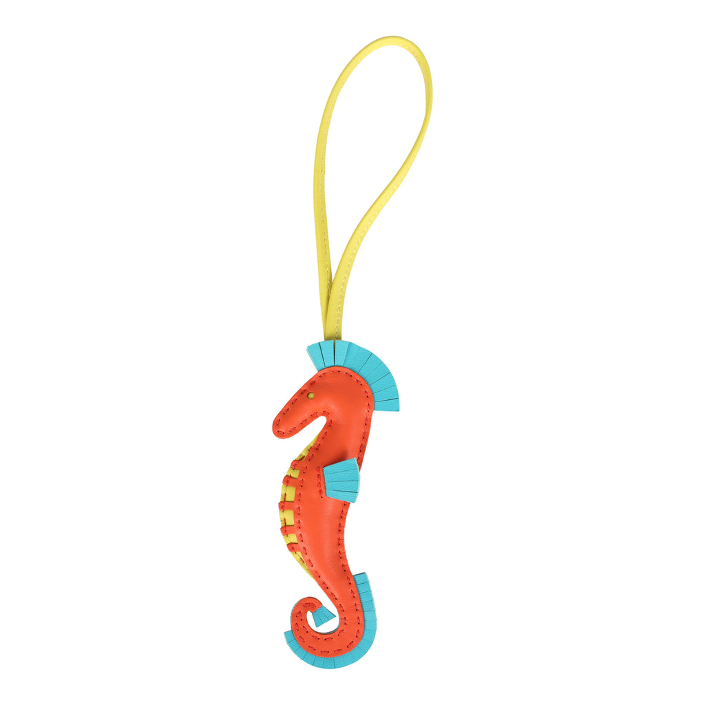 Hermes Seahorse Bag Charm Orange Poppy Lime & Bleu Aztec Milo Lambskin