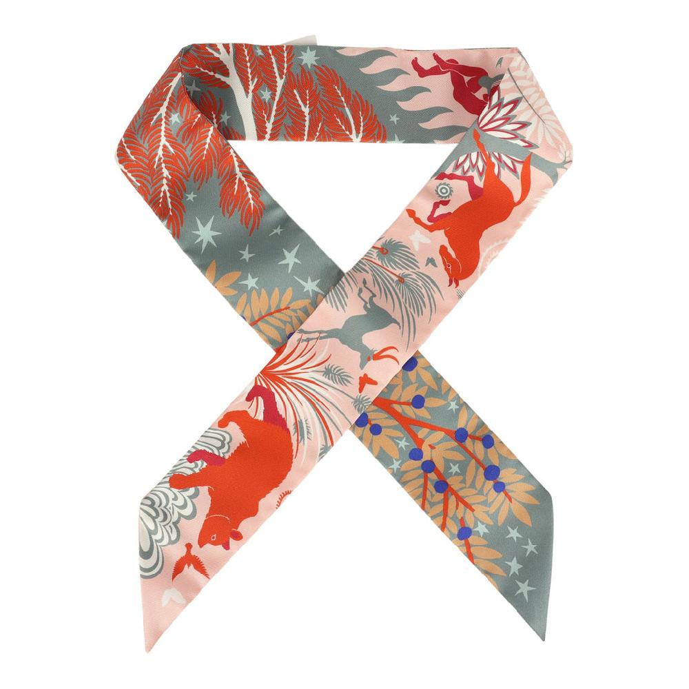 Hermes "Sous Le Charme D' Orphee" Gris Acier Rose Poudre and Violet Silk Twilly Pair