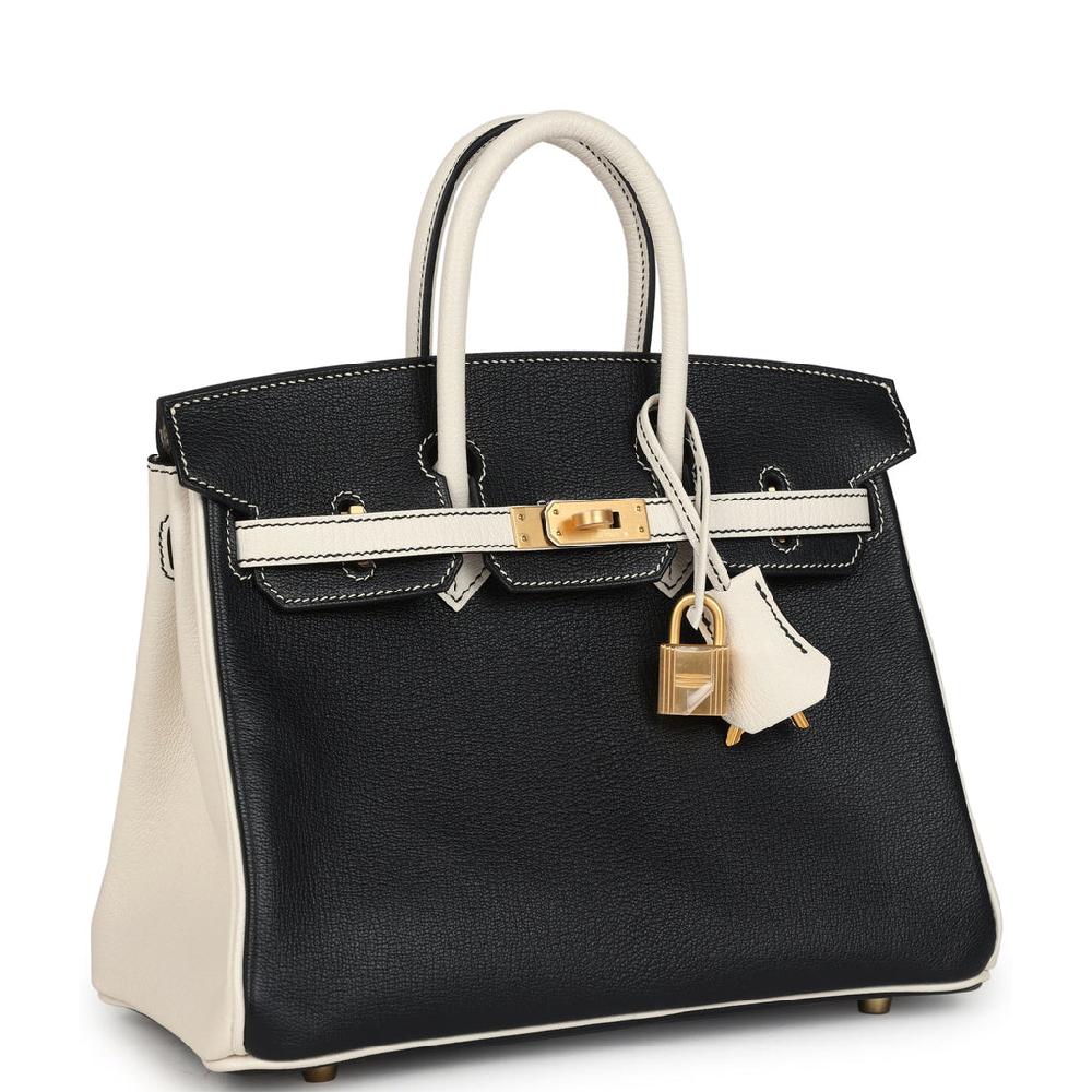 Hermes Special Order (HSS) Birkin 25 Bi-Color Black And Nata Chevre Mysore Brushed Gold Hardware