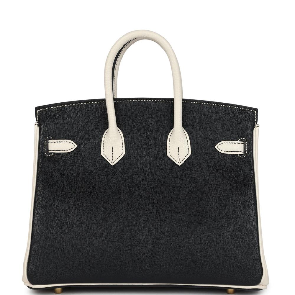 Hermes Special Order (HSS) Birkin 25 Bi-Color Black And Nata Chevre Mysore Brushed Gold Hardware