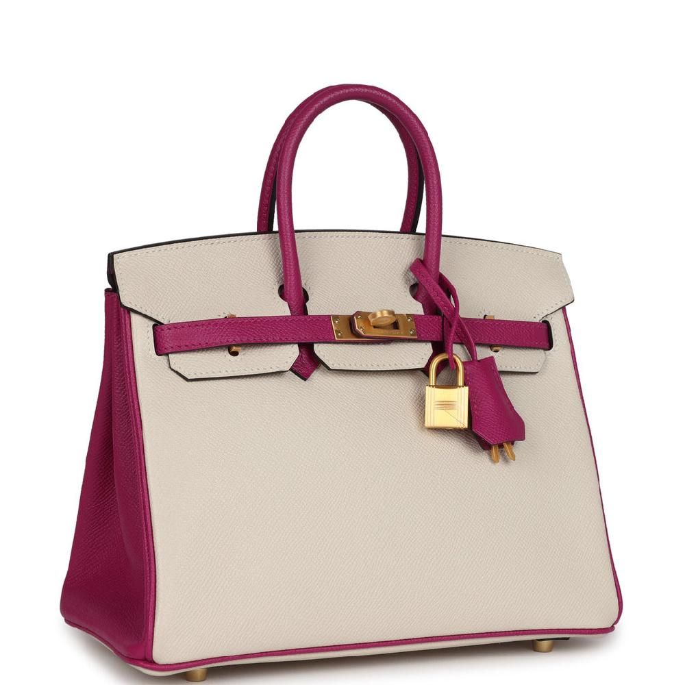 Hermes Special Order (HSS) Birkin 25 Craie And Rose Pourpre Epsom Brushed Gold Hardware
