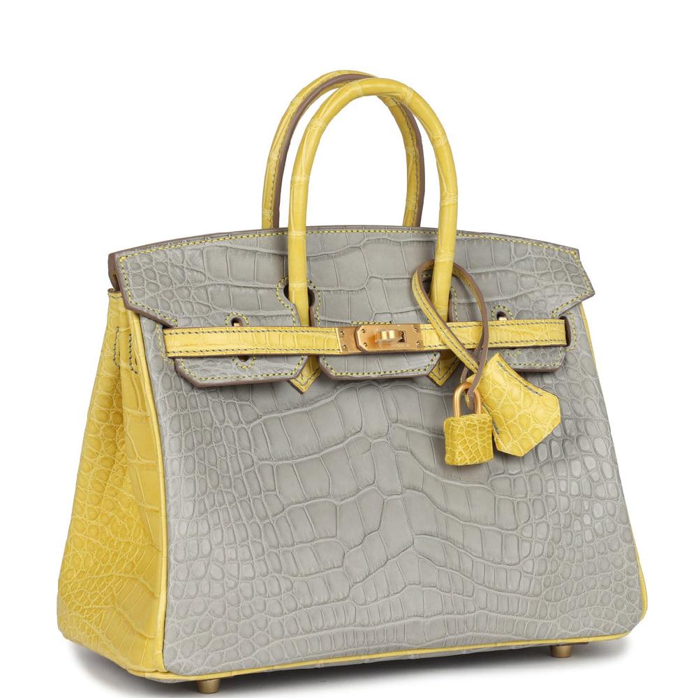 Hermes Special Order (HSS) Birkin 25 Gris Perle And Mimosa Matte Alligator Brushed Gold Hardware
