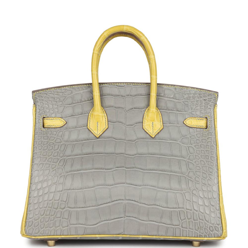 Hermes Special Order (HSS) Birkin 25 Gris Perle And Mimosa Matte Alligator Brushed Gold Hardware
