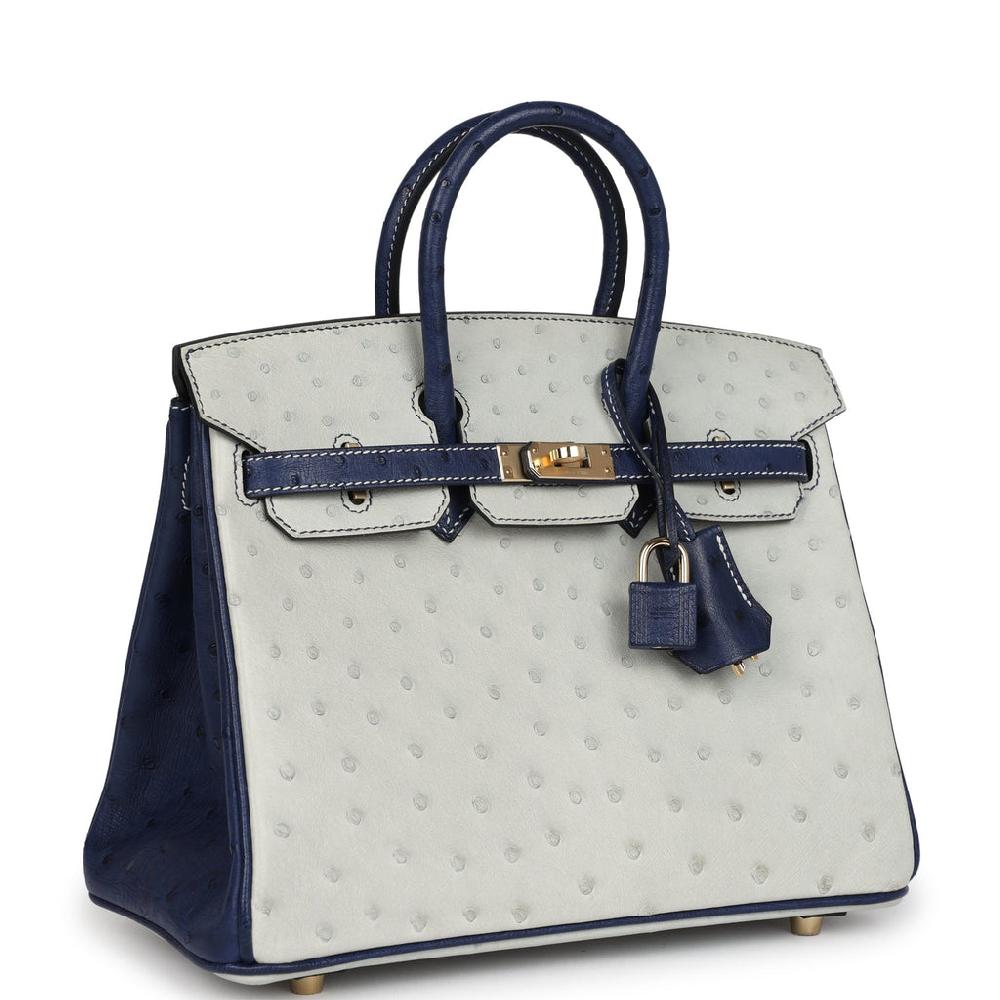 Hermes Special Order (HSS) Birkin 25 Gris Perle And Bleu Iris Ostrich Permabrass Hardware