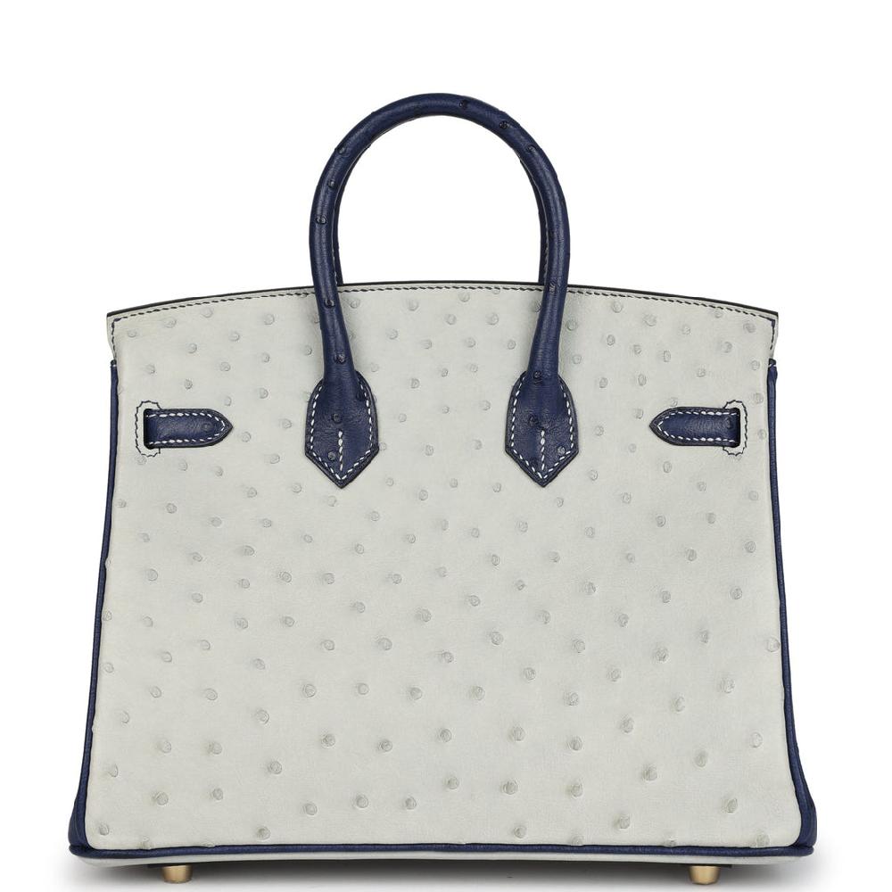 Hermes Special Order (HSS) Birkin 25 Gris Perle And Bleu Iris Ostrich Permabrass Hardware