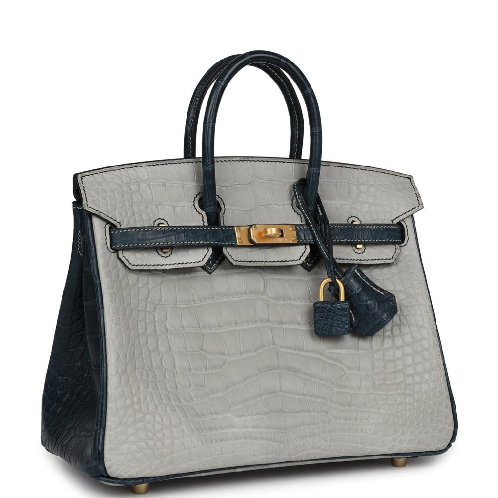 Hermes Special Order (HSS) Birkin 25 Gris Perle And Vert Rousseau Matte Alligator Brushed Gold Hardware