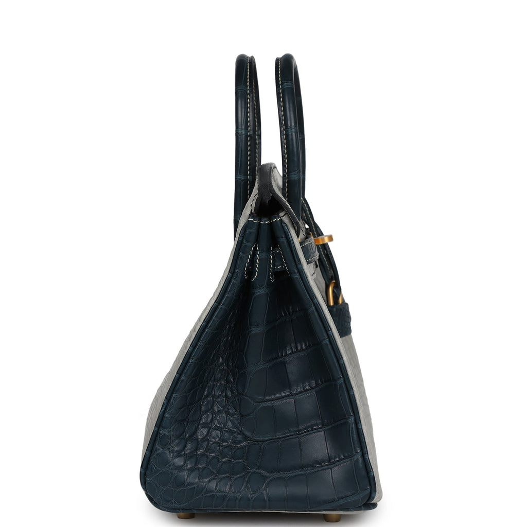 Hermes Special Order (HSS) Birkin 25 Gris Perle And Vert Rousseau Matte Alligator Brushed Gold Hardware