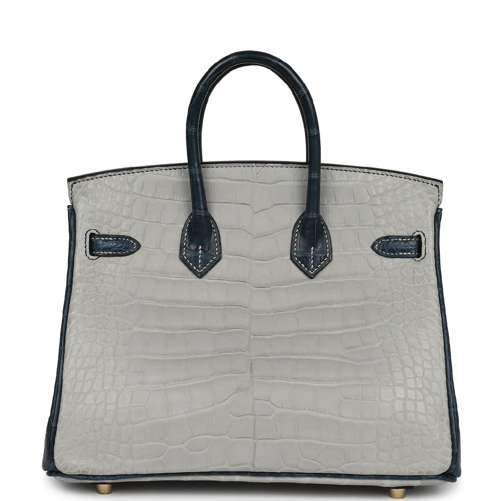 Hermes Special Order (HSS) Birkin 25 Gris Perle And Vert Rousseau Matte Alligator Brushed Gold Hardware