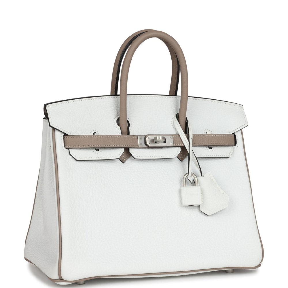 Hermes Special Order (HSS) Birkin 25 White And Etoupe Clemence Brushed Palladium Hardware
