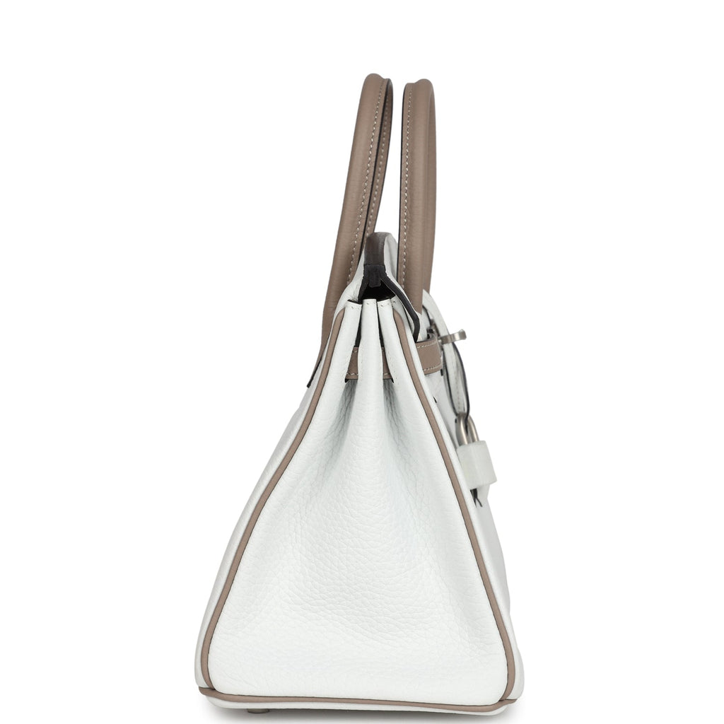 Hermes Special Order (HSS) Birkin 25 White And Etoupe Clemence Brushed Palladium Hardware