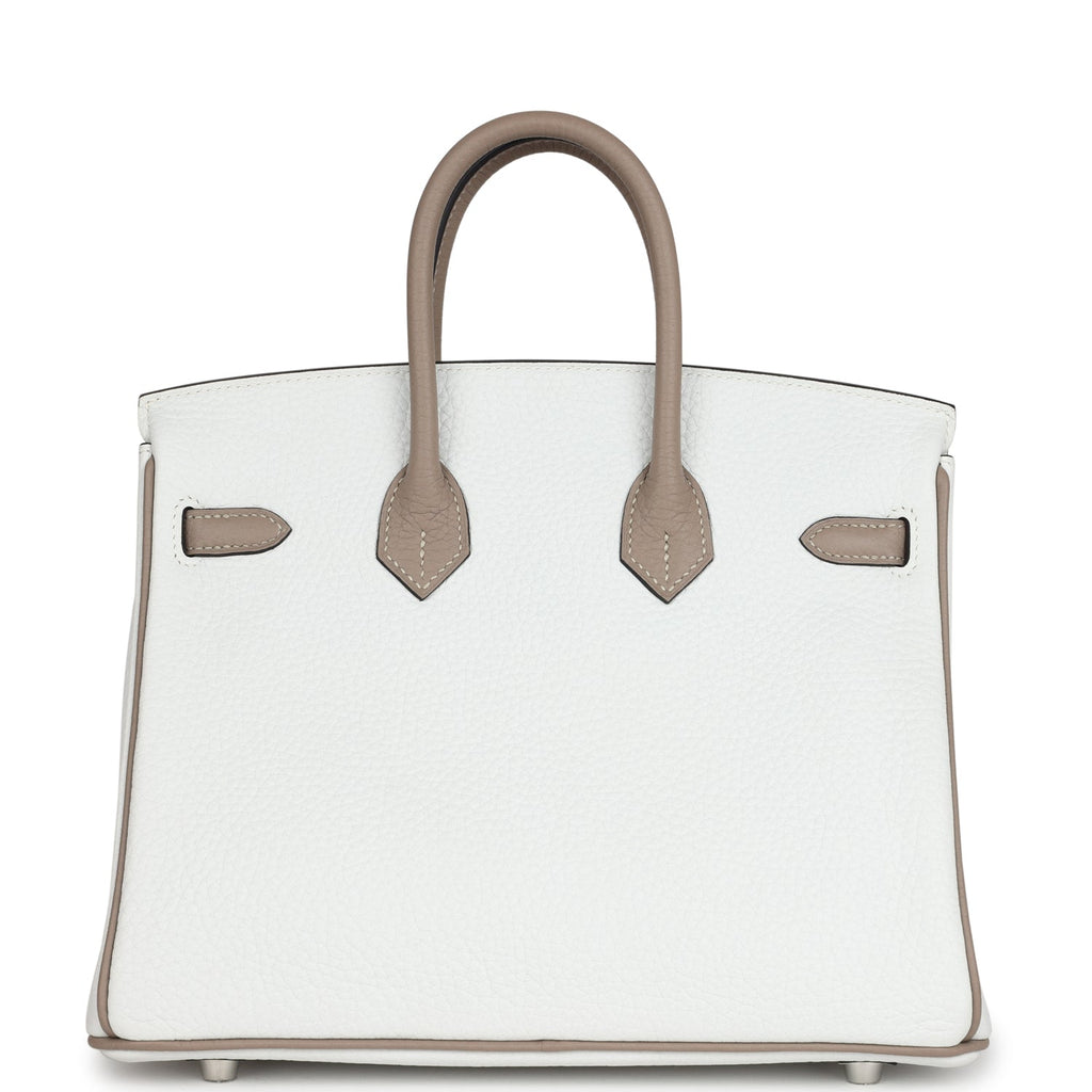 Hermes Special Order (HSS) Birkin 25 White And Etoupe Clemence Brushed Palladium Hardware