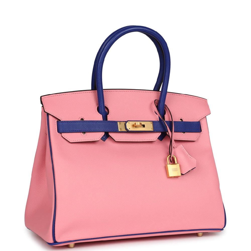 Hermes Special Order (HSS) Birkin 30 Rose Confetti And Bleu Electric Epsom Brushed Gold Hardware